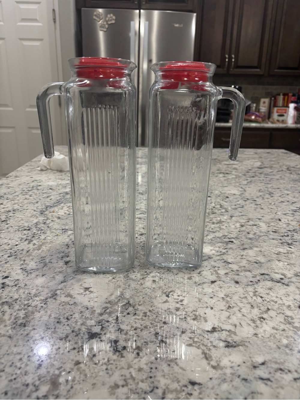 Vintage Pasabahce Frigo Glass Refrigerator Pitchers with Red Lids - Set of 2